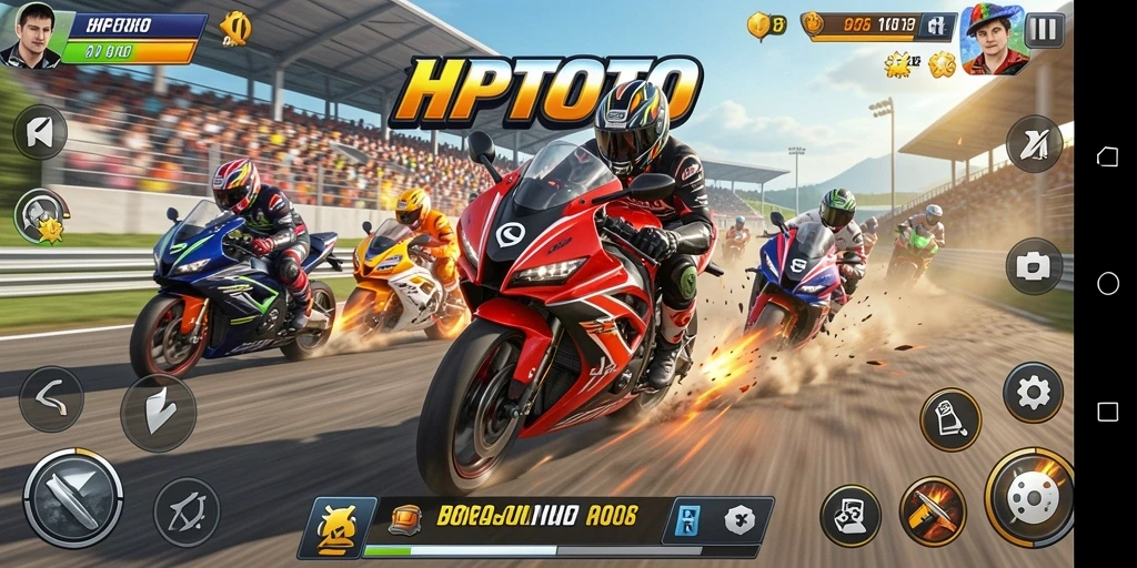 Tampilan gameplay HPTOTO dengan aksi balapan motor seru.