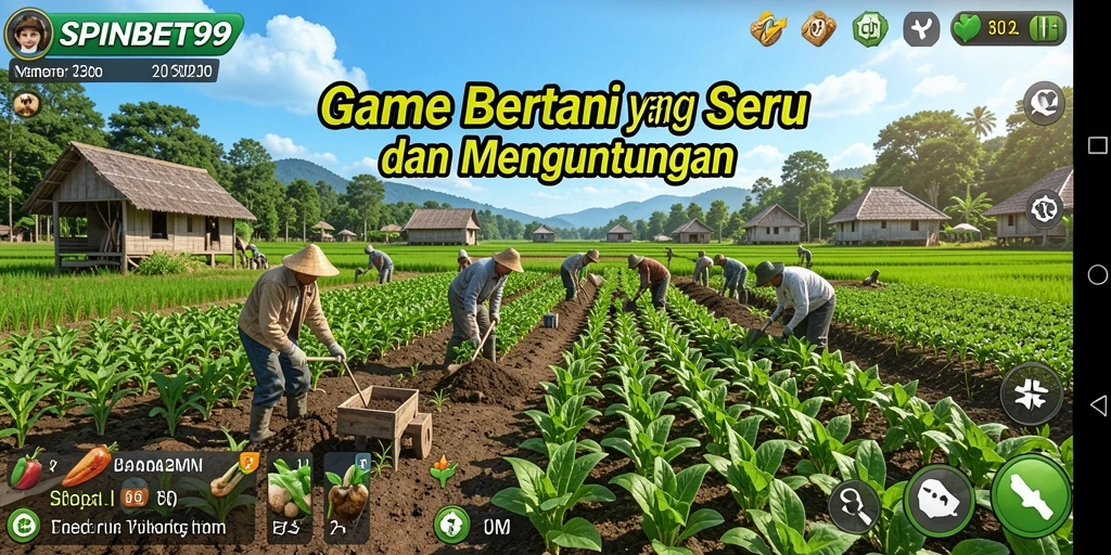 Tampilan gameplay SPINBET99 yang menampilkan aktivitas bertani yang seru.