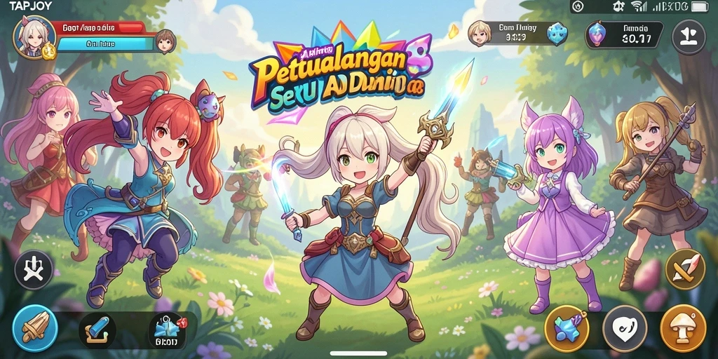 Screenshot gameplay TAPJOY menampilkan karakter anime yang dinamis dan aksi seru.